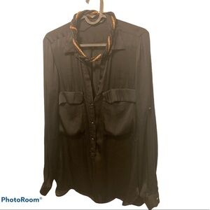 Zara black double pocket loose satin shirt  blouse